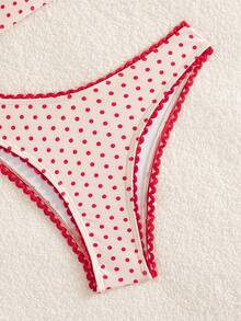 撞色优雅休闲波点印花吊带比基尼套装，适合海滩度假 - 紅色 - 查看 5