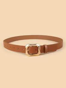 1pc Gold Square Buckle Leather Belt, Fashionable & Luxurious For Dresses, T-Shirts, Casual Pants - Coffee - View 3