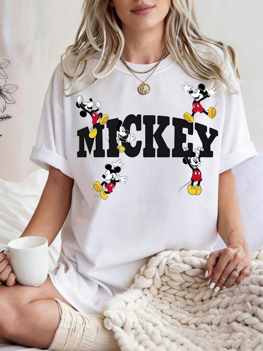 Disney Mickey  Print  Summer Casual Versatile Pure Cotton T-Shirt Suitable For Any Place - trắng - Xem 1