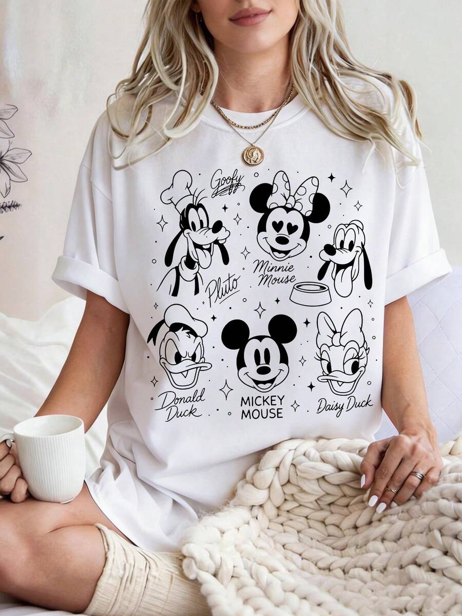 Disney UNIHLO Mickey  Print  Summer Casual Versatile Pure Cotton T-Shirt Suitable For Any Place - White - View 1