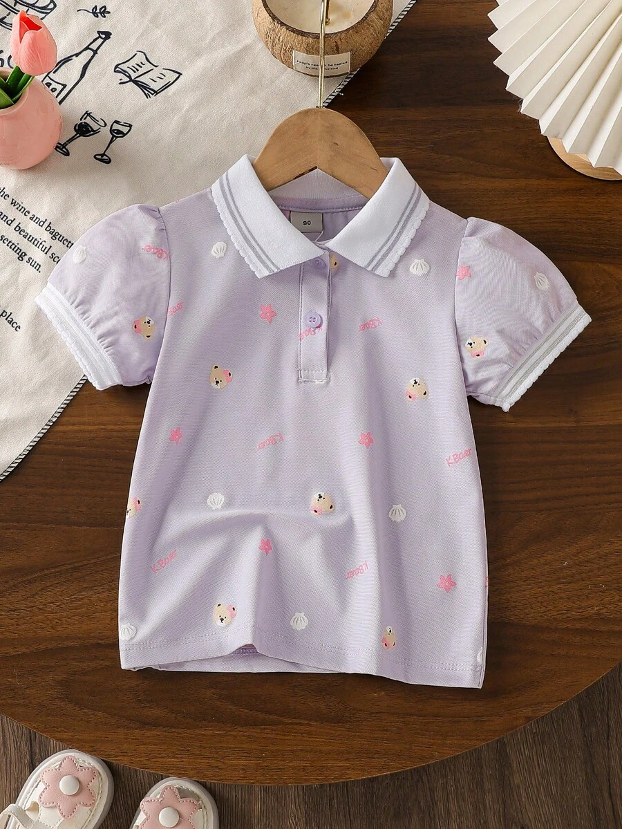 Girls' Allover Print Collar Short Sleeve T-Shirt, Summer - Mauve Purple - View 1