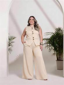 Plus Size Fashion Women's Tailored Set Vest + Pants Casual Fashion/With Special Buttons/Formal Work Blazer With Solid And Elegant Front Button Women's Tank Top/Elegant And Stylish Two-Piece Women's Suit With Front Buttons/Elegant/Sophisticated With Faux Pockets/With Buttons/Blogger/Fashion/National Shipping 2025 - Màu be - Xem 2