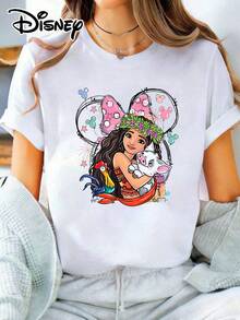 Loose Fit Crew Neck T-Shirt | Disney Moana Minnie Bow Theme | Vacation Wear. Made From Soft, Comfortable, And Durable Fabric, This Is An Ideal Choice For Spring And Summer. This Crew Neck T-Shirt Is Suitable For Everyday Wear, Shopping, Parties, Travel, And Gatherings, And Also Makes A Thoughtful Gift. - White - View 1