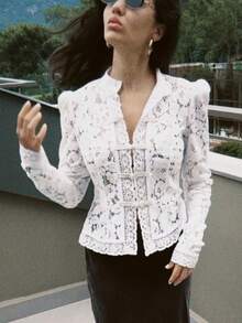 2026 Women's Summer Mesh Lace Flower Shirts Puff Long Sleeve Button Down Blouse Spring Slim Fit Elegant Vintage Top Party Daily Streetwear - 白色 - 查看 9
