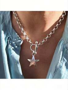 时尚银链项链，粗链项链，Uno De 50风格项链，粗链颈链，波西米亚风格项链，女士珠宝礼物 - star - 查看 1