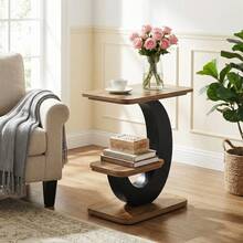 Tribesigns 2-Tier Narrow End Table With Metal Arc-Shaped Frame, Industrial Wooden Side Table, Bedside Nightstand For Living Room, Small Spaces, Bedroom - Nâu và đen - Xem 3