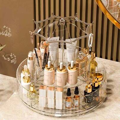 360 Degree Rotating Umbrella Design Makeup Organizer, 2 Layer Transparent Jewellery Organizer, Cosmetic Display Cases For Lipsticks, Brushes, Lotions