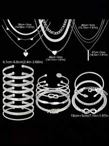 35/47/50/71/87件套 时尚简约优雅波西米亚风首饰套装，包含耳环、项链、戒指、手链，饰有心形、扭纹、蝴蝶、几何元素、波浪纹等图案，百搭日常佩戴配饰，款式随机。 - 銀色 - 查看 7
