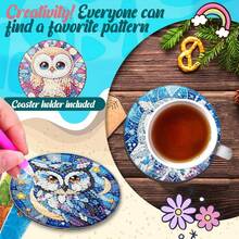 6pcs DIY Diamond Painting Coaster Set With Stand - Owl Theme, Round And Asymmetrical Shape Diamonds, Wooden Craft Kit, Suitable For Adults And Beginners - View 3