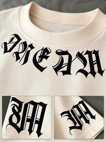 Camiseta casual de manga corta de cuello redondo con estampado de letras de hombro caído para hombre, adecuado para uso diario y deportes y fitness - Caqui - Ver 7