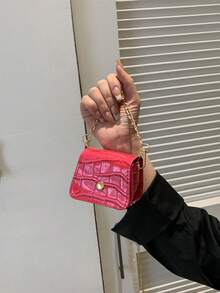 Mini Crocodile Embossed Solid Color Chain Crossbody Bag - Hot Pink - View 6
