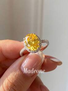 MADEONE 1枚925纯银8*10毫米微镶高光泽戒指，女士时尚结婚周年纪念礼物，精致珠宝，日常约会装饰 - 黃色石 - 查看 3