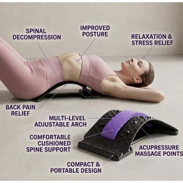 4 Level Adjustable Back Stretcher Device For Lumbar Support And Spine Pain Relief Multi-Level Lower Back Massager For Herniated Disc Sciatica And Scoliosis Relief Posture Corrector For Home And Office Use. Professional Grade Spinal Traction: Featuring An Upgraded Four-Gear Free Adjustment Design To Customize The Stretch Intensity To Your Comfort Level. Ergonomic Arch Support: Designed To Follow The Natural Curve Of The Human Spine Effectively Realigning The Vertebrae And Relieving Pressure From Tight Muscles. Therapeutic Massage Points: Equipped With Acupuncture-Like Massage Nodes To Stimulate Blood Circulation And Soothe Deep Muscle Tension. Durable And Portable: Made From High-Quality Sturdy Materials That Can Withstand Heavy Weight While Remaining Lightweight For Use On Chairs Sofas Or Yoga Mats. Perfect Gift For Health: An Ideal Solution For Those Suffering From Long-Term Sitting Fatigue Or Chronic Back Discomfort. Improve Your Flexibility And Restore A Healthy Posture With Just 5-