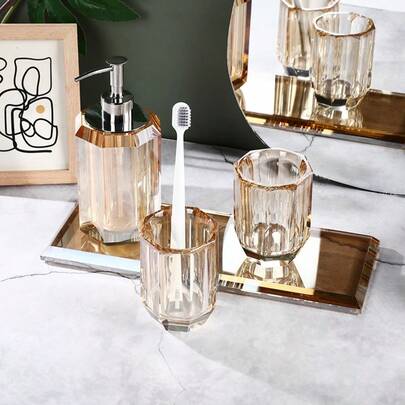 Juego de accesorios de baño de 4 piezas de cristal ámbar de lujo, incluye dispensador de jabón con bomba, portacepillos de dientes, vaso y bandeja, organizador y decoración moderna para encimera de baño