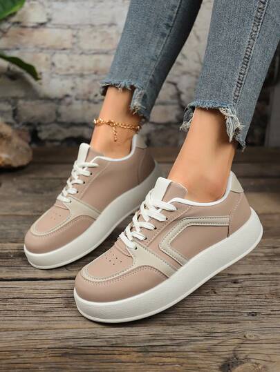 Retro Women's Light Pink Patchwork Platform Casual Sneakers, Soft Bottom Comfortable Breathable Heightening Slimming Versatile White Shoes, Suitable For Students, Daily Commute, Shopping, Shock-Absorbing, Non-Fatiguing