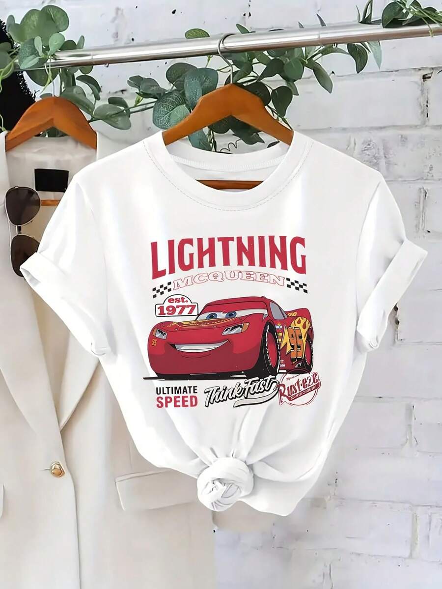 Authorized By Disney, LIGHTNING MCQUEEN Racing Pattern Contains The Words Lightning McQueen And The 1977 Logo Of Disney's New Short-Sleeved T-Shirt In Summer. Ladies' Casual Fashion Printed T-Shirt And Ladies' Elegant Women's Pattern Printed 100% Cotton T-Shirt-Creative Cartoon Printing, Breathable And Light Fabric, Regular Round Neck Street Casual Shirt In Spring And Summer, Disney Shirt, Excellent Holiday Gift. - White - View 1