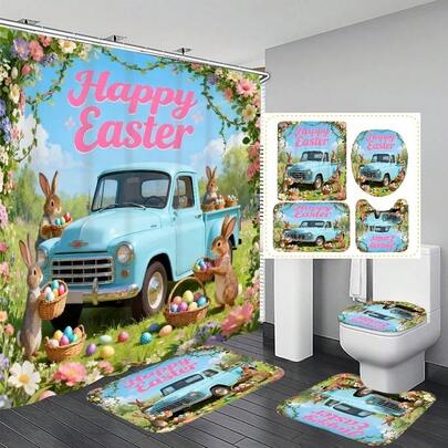 Bộ rèm tắm trang trí phòng tắm đa năng hình xe tải, thỏ và trứng Phục Sinh (1 cái/3 cái/4 cái), kèm 12 móc treo miễn phí, tạo không khí lễ hội trang nhã. Ngoài ra còn có thảm phòng tắm, thảm chữ U và thảm tròn, phù hợp với mọi không gian phòng tắm.