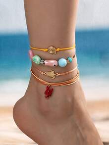 4 Pcs Bohemian Style Wax Rope Anklets Set, Handmade Woven String Ankel Bracelet, Boho Beach Foot Jewelry For Women - Lobster, Turtle, and Fish Anklet Set - View 1