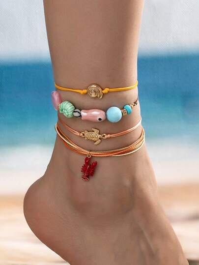 4 Pcs Bohemian Style Wax Rope Anklets Set, Handmade Woven String Ankel Bracelet, Boho Beach Foot Jewelry For Women