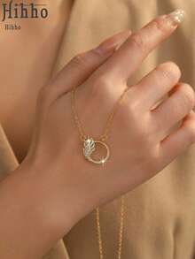 1件优雅半圆形羽毛项链，情人节礼物 - 马眼形切割绿色翡翠宝石和钻石叠层浪漫珠宝 - 彩色 - 查看 5