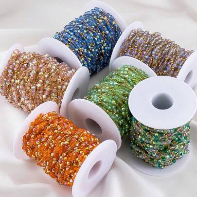 1m Stainless Steel Colorful Crystal Glass Bead Chain, Handmade Gold Beaded Chain Suitable For DIY Necklace, Bracelet, Jewelry Making
