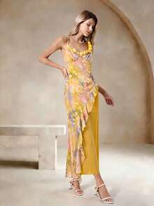 ELYRADIA Elegant Women's Sleeveless Printed Ruffled Slim-Fit Midi Dress Summer Beach Vacation Wear To Create A Stunning Figure - Yellow - View 6