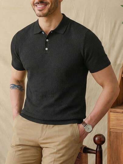 Men's Old Money Style Turndown Collar Short Sleeve Black Waffle Knit Slim Fit Knitted Polo Shirt
