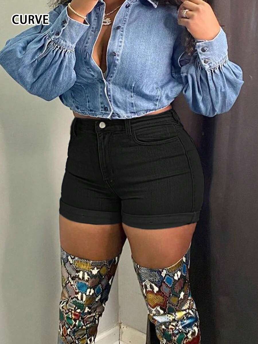 New Fashionable Minimalist Mid-Waist Plus Size Women Plain Denim Shorts Casual Black Summer - Black - View 1