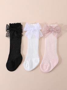 3双婴儿蝴蝶结网眼中筒袜 - 彩色 - 查看 10
