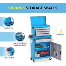 Heavy-Duty Rolling Toolbox, 5-Drawer Tool Organizer With Drawers, Lockable Wheels, Removable Top Panel And Adjustable Shelves, Suitable For Garages, Workshops, Warehouses And Repair Shops. - Blue - View 4