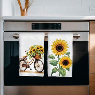 Bộ 2 khăn lau bếp bằng sợi microfiber họa tiết hoa hướng dương và xe đạp, kích thước 40*60cm, kiểu dáng nhà nông, khăn lau tay, đồ trang trí nhà bếp, quà tặng tân gia, phù hợp cho nhà bếp và phòng tắm, tuyệt vời cho các bà nội trợ và các buổi họp mặt gia đình, vật dụng thiết yếu giá cả phải chăng.