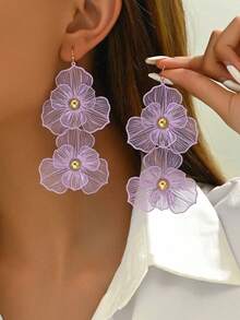 1 Pair Fashion Purple Double-Layer Flower Earrings, Exaggerated Design, Women's Long Multi-Layer Flower Pendant Earrings, Suitable For Valentine's Day, Daily Wear, Mother's Day, Gift - Double-layered Flower Earrings - View 5
