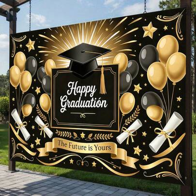 1pc Black & Gold Graduation Backdrop With "The Future Is Yours" Text, Featuring Graduation Cap And Diploma Graphic, Made Of High-Quality Polyester, Suitable For High School And College Graduation Parties, Essential Graduation Celebration Photo Backdrop, Available In Multiple Sizes For Indoor And Outdoor Use