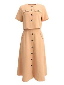2pcs Set Casual Round Neck Short Sleeve Button Design Cropped Top & Single-Breasted Pocket A-Line Skirt Suit Summer - Khaki - View 3