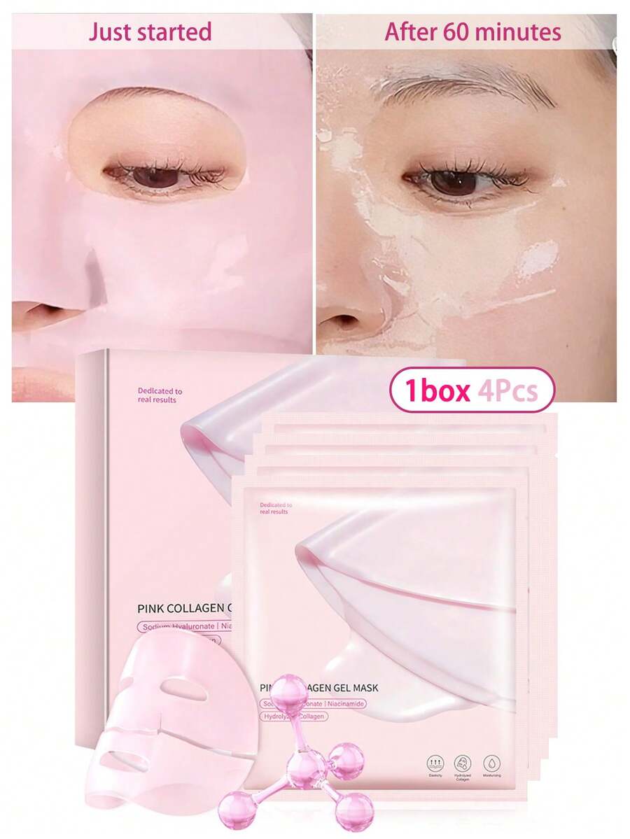 8/4片装粉色胶原蛋白啫喱面膜，胶原蛋白睡眠面膜，胶原蛋白啫喱面膜 | 含有玻尿酸和烟酰胺的夜间面膜，不含酒精，深层补水抗衰老胶原蛋白面膜