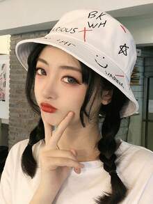 1顶，夏季新款帽子，时尚个性创意彩色涂鸦渔夫帽，字母印花渔夫帽，手绘盆帽，户外情侣旅行帽涂鸦爱心遮阳帽，男女通用，夏季薄款帽子，春夏遮阳帽多功能防晒学生女盆帽，单面全印花双桃心小檐渔夫帽 - 彩色 - 查看 1