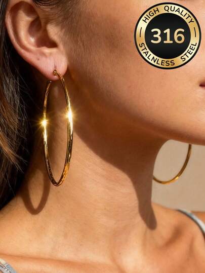 1 Pair Women's Minimalist Style Gold-Plated Braided Hoop Earrings, Made Of High-Quality 316 Stainless Steel, Durable And Fade-Resistant, Large Minimalist Elegant Design, Suitable For Daily Wear Or Parties, Fashionable And Exquisite, Best Gift Choice For Women On Valentine's Day, Anniversary Or Birthday