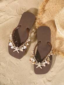 Evertop Surf Sandalias de playa hechas a mano con textura de concha natural, decoradas con estrella de mar y cristales, suela suave y antideslizante, diseño original de estilo diosa de playa con cadena decorativa desmontable para mujeres - Café integral - Ver 3