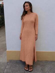 Women's Long Mousse Dress, Long Sleeves, Knit Fabric, Comfortable, Loose Fit, Winter Style, Side Slit - Beige - View 2