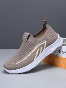 Women's Breathable Mesh Casual Sports Shoes, Non-Slip Soft Bottom Slip-On Comfortable Mother Shoes, Round Toe Loose Casual Shoes, Elastic Shoe Mouth, Daily Walking Shoes - Khaki - View 7