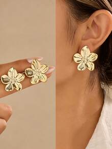 10pcs Fashionable Metallic Flower & Heart Stud Earrings Set, Women's Stylish Earring Jewelry Set, Lightweight CCB Material For Daily Wear - Gold - View 2