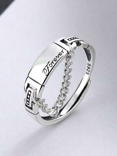 1 pieza Anillo de cadena de plata esterlina 925 vintage con letra inglesa desgastada, minimalista personalizado ajustable de banda de plata tailandesa para mujer