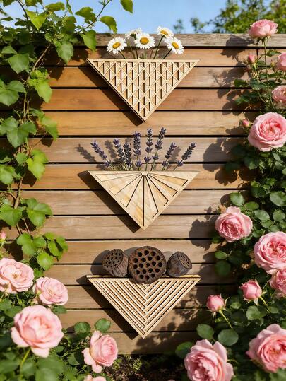 1pcGeometric Triangle Wooden Wall Planter - 30cm Modern Wall Mounted Planter For Dry Plants, Minimalist Stripe/Sunburst/Lattice Pattern Succulent Planter For Boho Home & Garden Decor