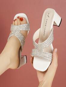 Black Rhinestone Heeled Slides, Chunky Block Heel With Sparkling Rhinestone Detail For Evening Wear - White - View 1