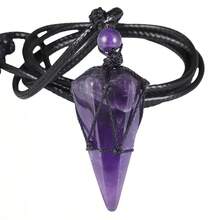 Men's Natural Black Obsidian Hexagonal Pyramid Woven Rope Adjustable Necklace - Purple - View 5