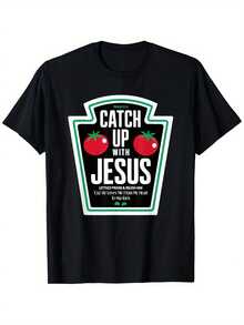 Camiseta gráfica divertida con diseño de botella de ketchup "Catch Up with Jesus" - Diseño inspirado en Mateo 26:52, corte holgado, informal, de manga corta para hombres y mujeres, cómoda para todas las estaciones, ropa de fe lavable a máquina. - Negro - Ver 2