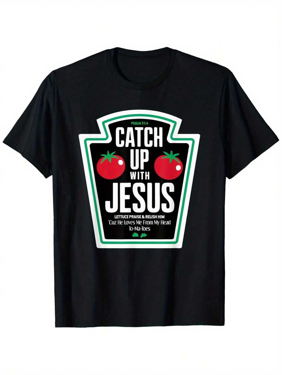Camiseta gráfica divertida con diseño de botella de ketchup "Catch Up with Jesus" - Diseño inspirado en Mateo 26:52, corte holgado, informal, de manga corta para hombres y mujeres, cómoda para todas las estaciones, ropa de fe lavable a máquina.
