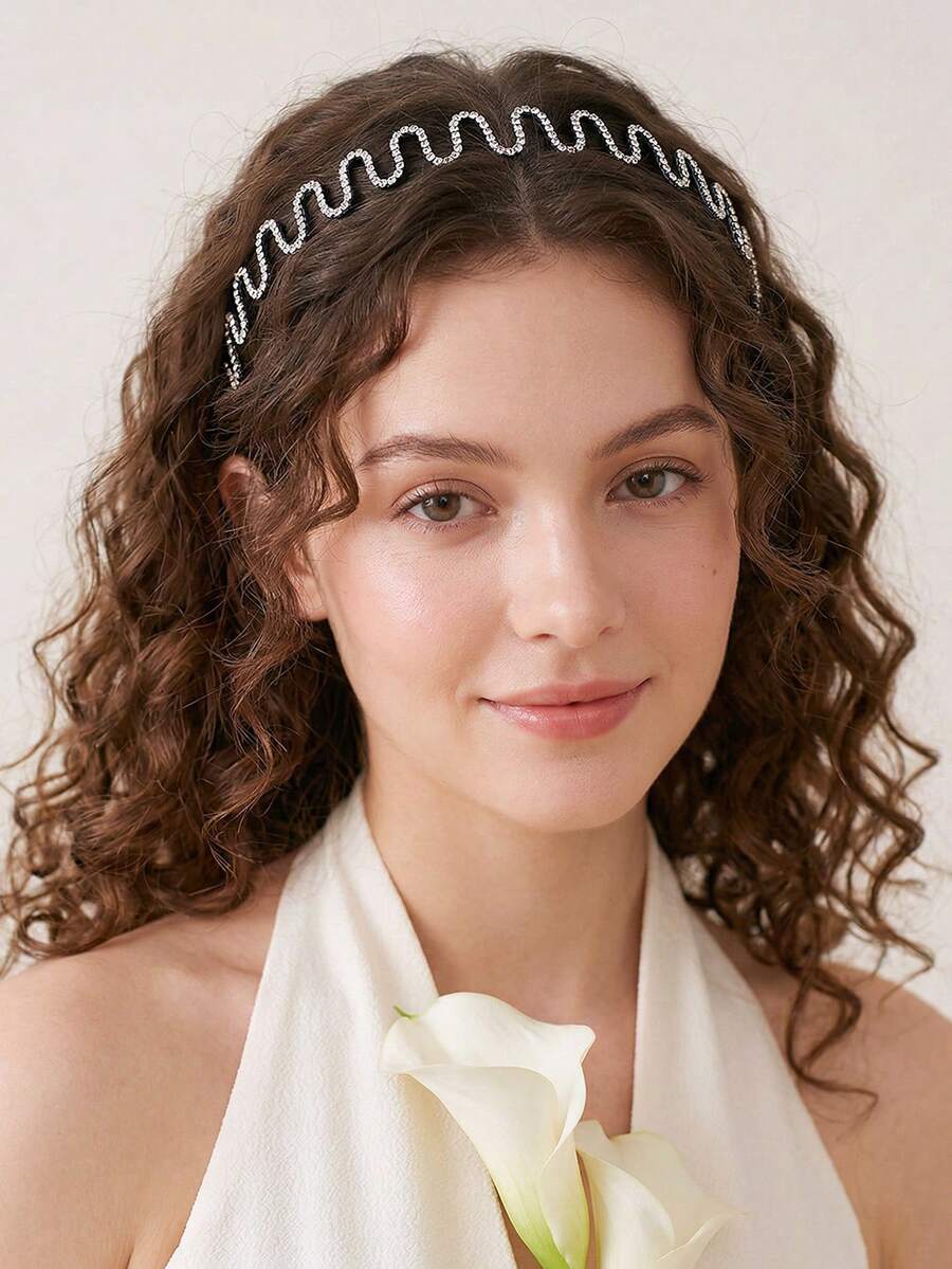 1 pieza Diadema de cristal con onda minimalista y elegante, versátil para uso diario, fiesta, boda, festival, accesorios para el cabello para el hogar - Plateado - Ver 1
