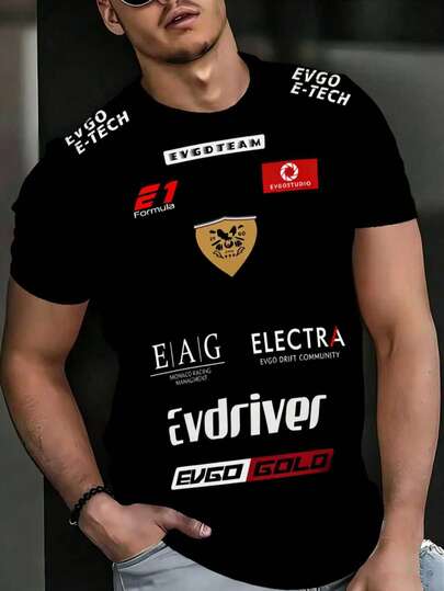 赛车印花弹力修身短袖圆领休闲运动时尚男士T恤