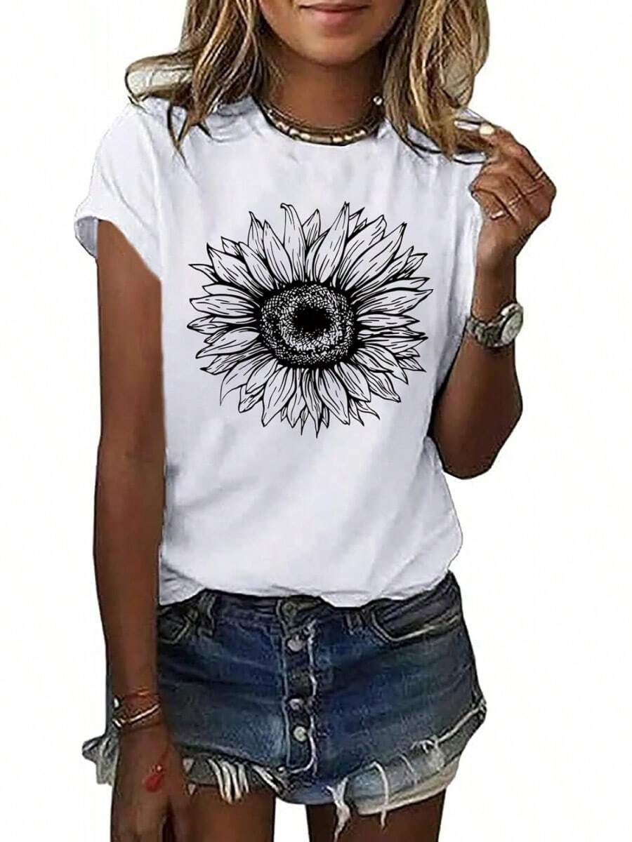 Women Cute Sunflower Graphic Tee Shirts Anti-Wrinkle Cotton T-Shirt - trắng - Xem 1